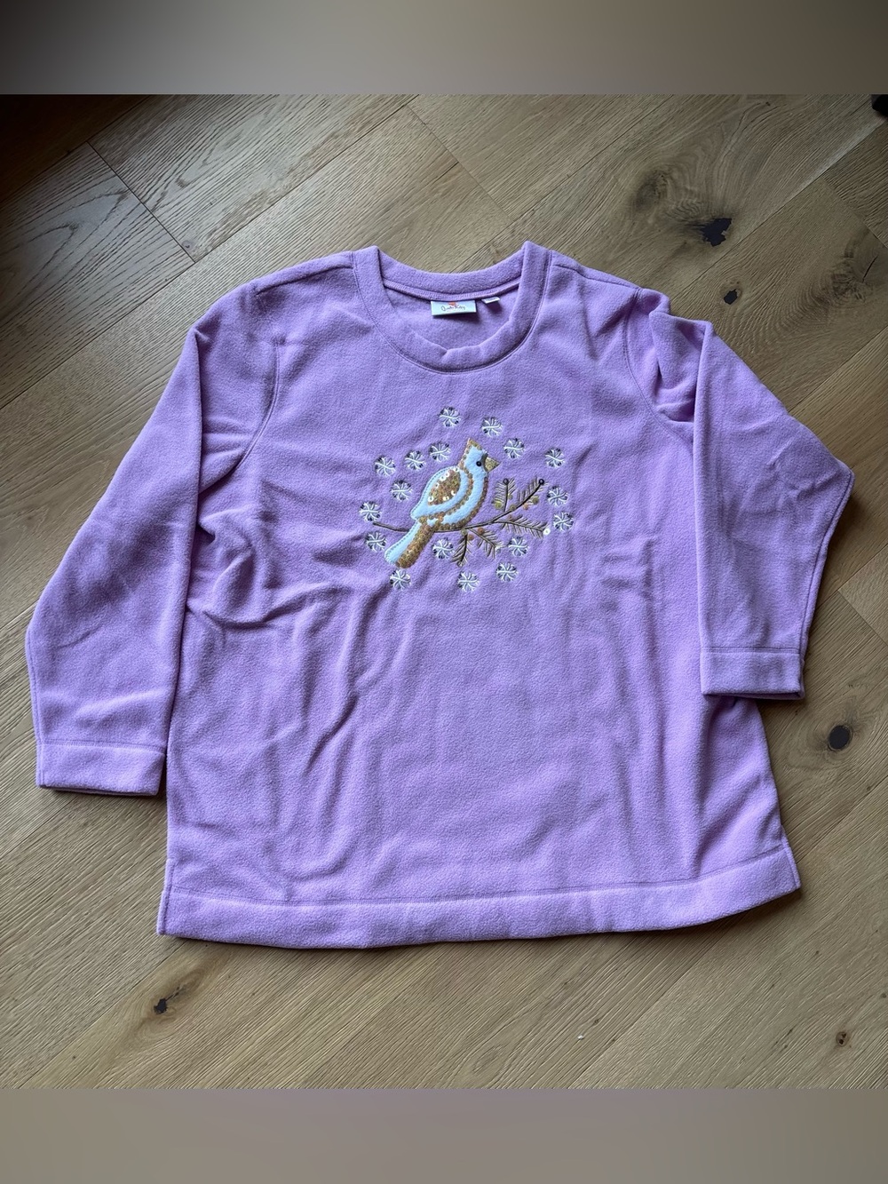 NWT Quacker Factory Lavender Soft Fleece Top Embroidered Sequin Snow Bird 1X